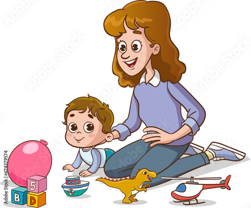 Mother and son playing with toys. Vector illustration of a mother and son playing with toys.