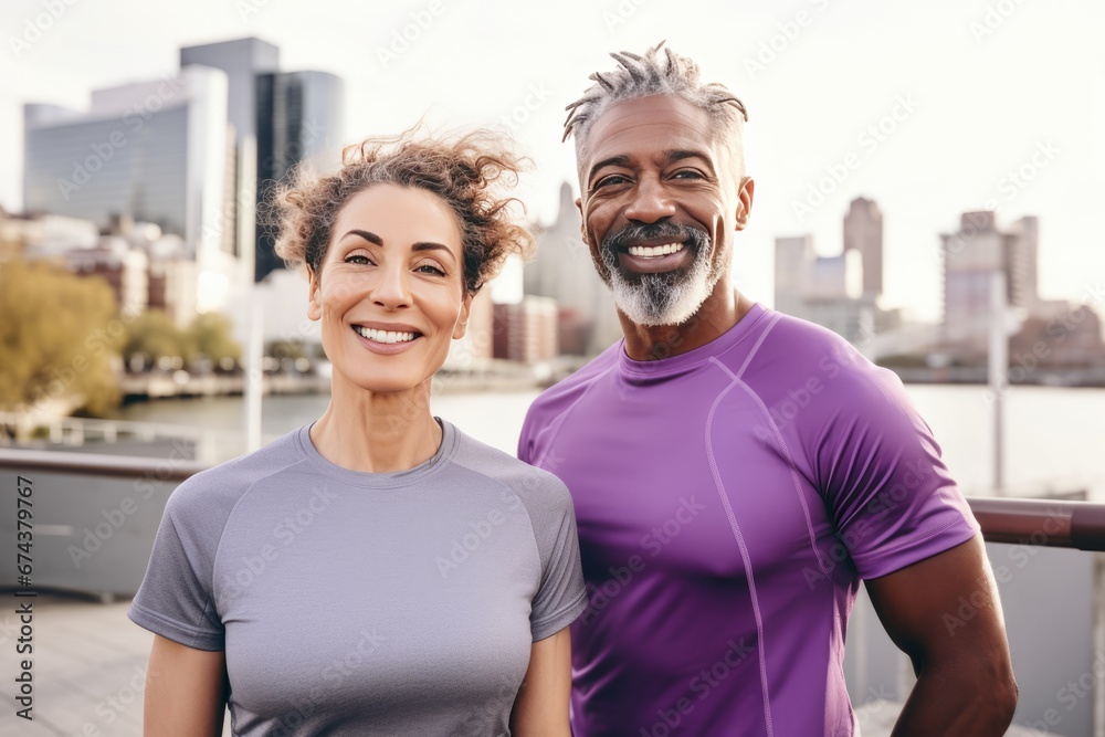 Fototapeta premium Adult international couple in sports outfits looking at camera with energetic cheerful smile. Happy loving mature man and woman jogging or exercising outdoors. Healthy lifestyle in urban environment.
