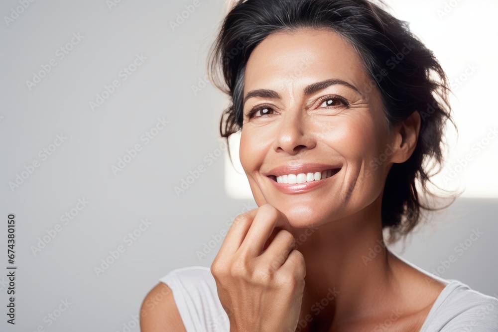 Close-up of middle-aged Caucasian woman touching her face to apply moisturizer. Smiling face of adult brunette lady with daily cream, facial cosmetics. Skin care. Grey background, copy space. - obrazy, fototapety, plakaty 