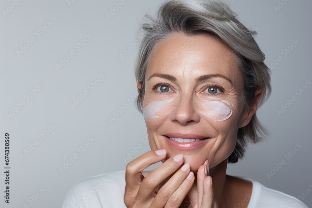 Close-up of middle-aged Caucasian woman touching her face to apply moisturizer. Smiling face of adult grey-haired lady with daily cream, facial cosmetics. Skin care. Grey background, copy space. Close-up of middle-aged Caucasian woman touching her face to apply moisturizer. Smiling face of adult grey-haired lady with daily cream, facial cosmetics. Skin care. Grey background, copy space.