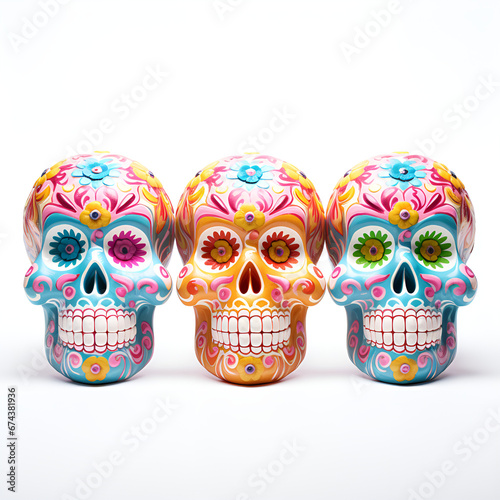 painted colorful scary skulls on white background, colorful skulls with different designs