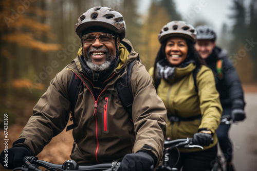 Elderly smiling couple in safety helmets riding bicycles together to stay fit and healthy. African American seniors having fun on a bike ride in autumn park. Retired people lead active lifestyle.