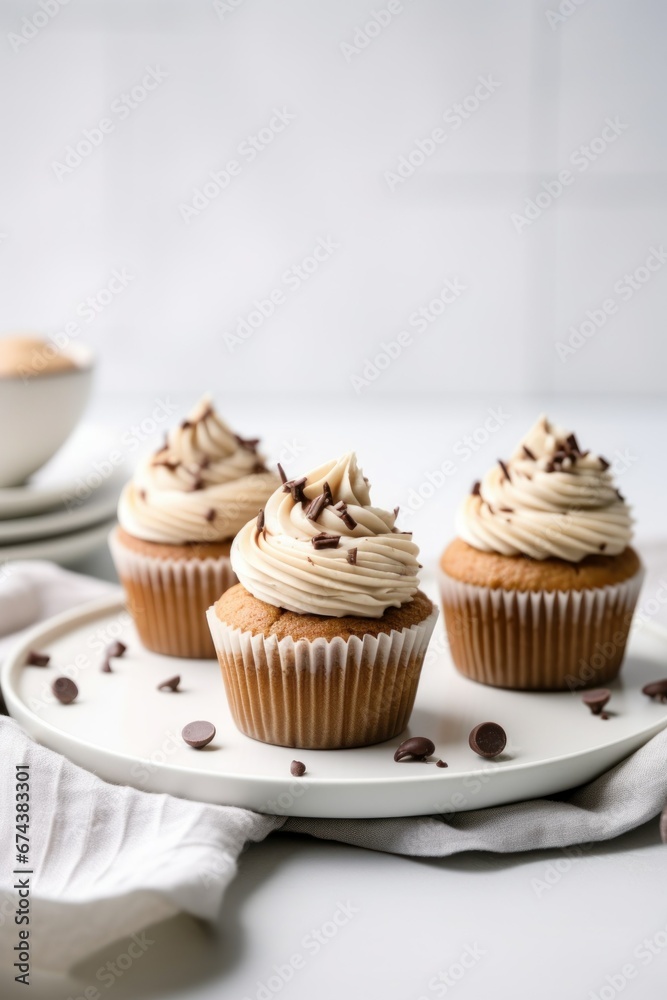three chocolate cupcakes with chips and caramel on a plate three chocolate cupcakes with chips and caramel on a plate