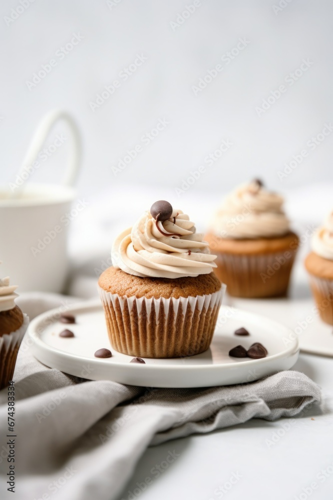 three chocolate cupcakes with chips and caramel on a plate three chocolate cupcakes with chips and caramel on a plate
