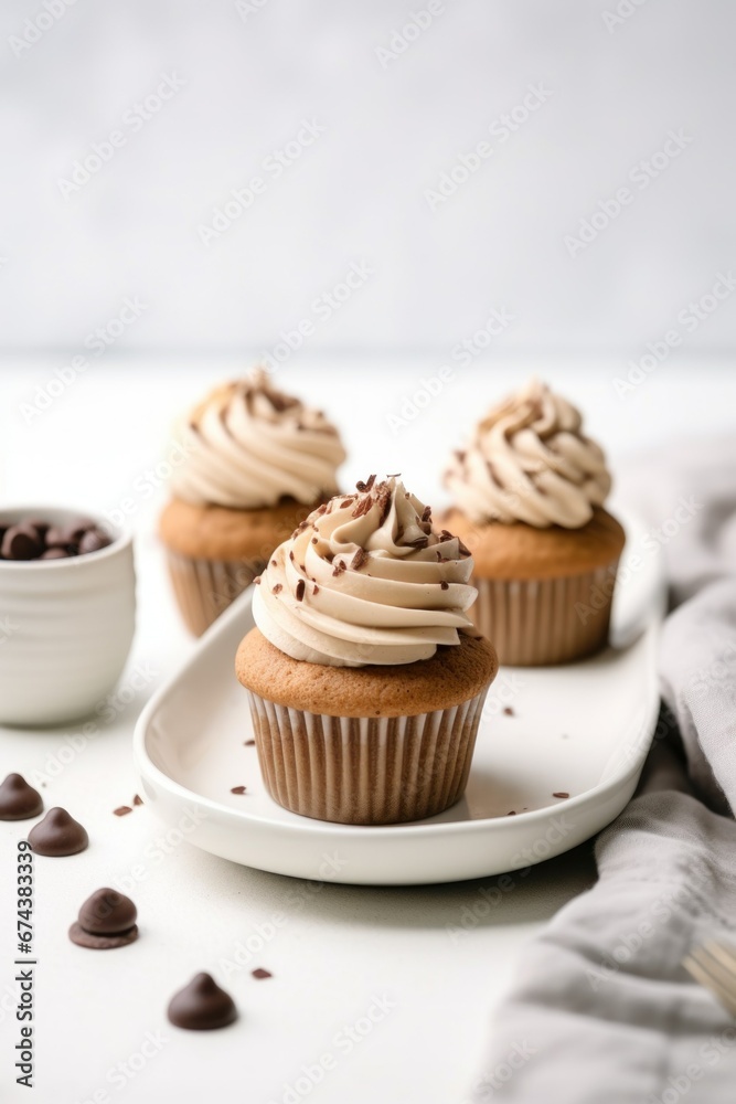 three chocolate cupcakes with chips and caramel on a plate