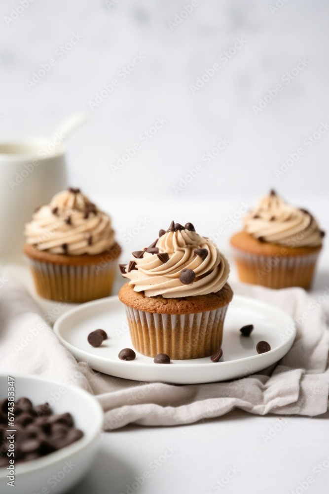 three chocolate cupcakes with chips and caramel on a plate three chocolate cupcakes with chips and caramel on a plate