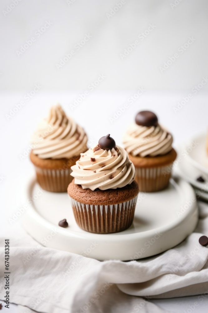 three chocolate cupcakes with chips and caramel on a plate