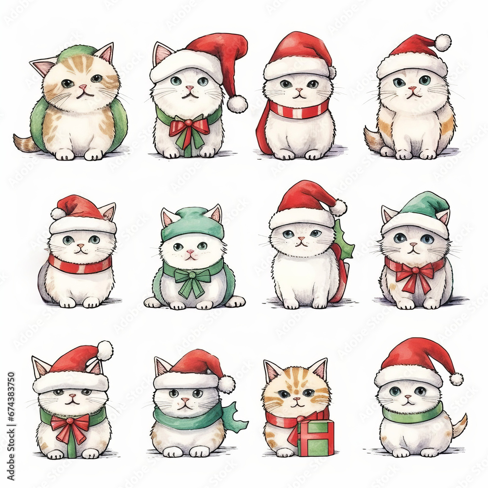 Chat drôle de Noël en aquarelle