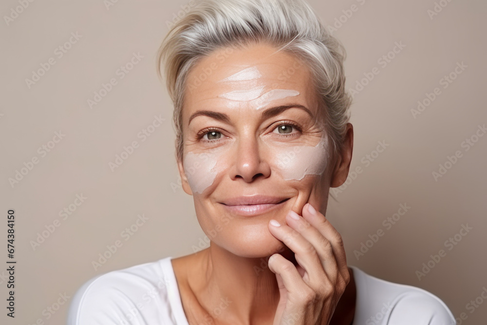 Close-up of middle-aged Caucasian woman touching her face to apply moisturizer. Smiling face of adult grey haired lady with daily cream, facial cosmetics. Skin care. Grey background, copy space. Close-up of middle-aged Caucasian woman touching her face to apply moisturizer. Smiling face of adult grey haired lady with daily cream, facial cosmetics. Skin care. Grey background, copy space.