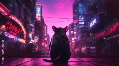 Midnight Explorer: A Lone Rat's Silhouette Against the Urban Glow photo