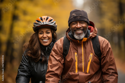 Fotografia Elderly smiling couple in safety helmets riding bicycles together to stay fit and healthy