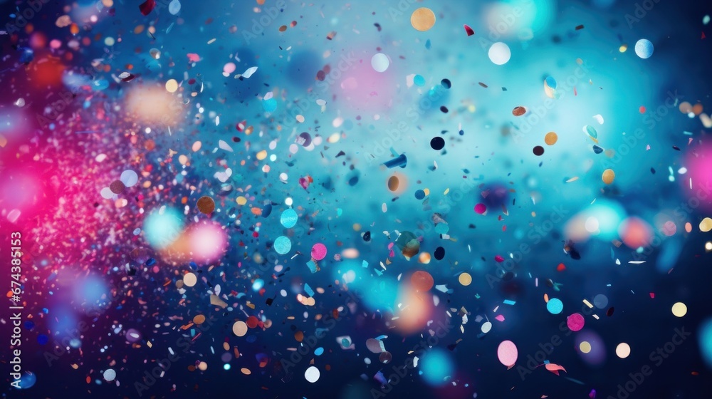 A festive and colorful party with flying neon confetti on a purple, red and blue background A festive and colorful party with flying neon confetti on a purple, red and blue background