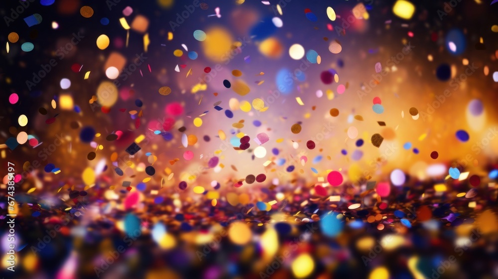 A festive and colorful party with flying neon confetti on a golden background - obrazy, fototapety, plakaty 