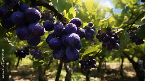 A cluster of Jabuticaba trees in a lush, vibrant orchard, with the dark purple fruits glistening in the dappled shade.