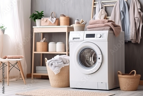 Laundry room interior with washing machine and basket with clean towels and accessories © ttonaorh
