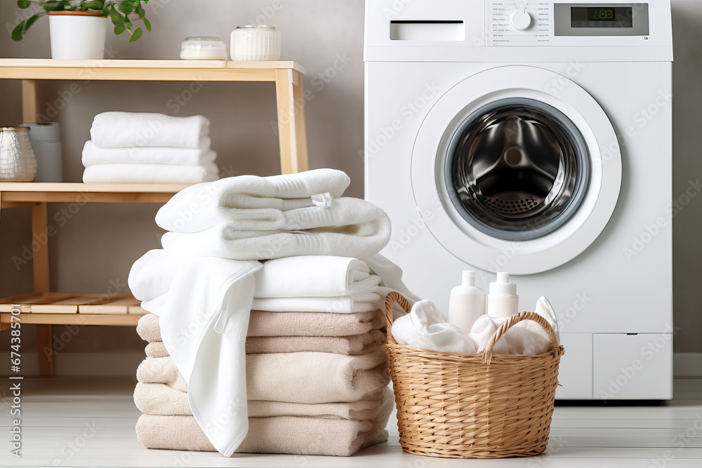 Laundry room interior with washing machine and basket with clean towels and accessories Laundry room interior with washing machine and basket with clean towels and accessories