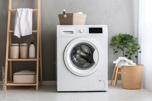 Laundry room interior with washing machine and basket with clean towels and accessories