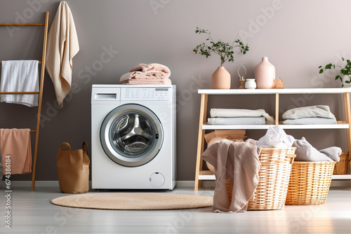 Laundry room interior with washing machine and basket with clean towels and accessories photo