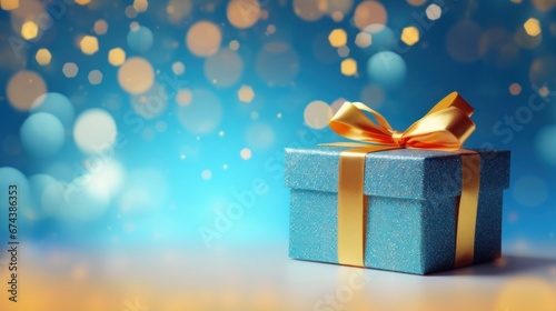 Golden gift present on a light blue background with colorful bokeh and stars glittering © tashechka