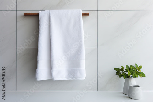 White towel hanging on the wall in the bathroom  Bathroom interior design