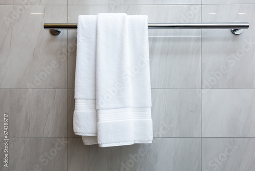 White towel hanging on the wall in the bathroom  Bathroom interior design