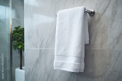 White towel hanging on the wall in the bathroom, Bathroom interior design