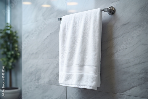 White towel hanging on the wall in the bathroom  Bathroom interior design