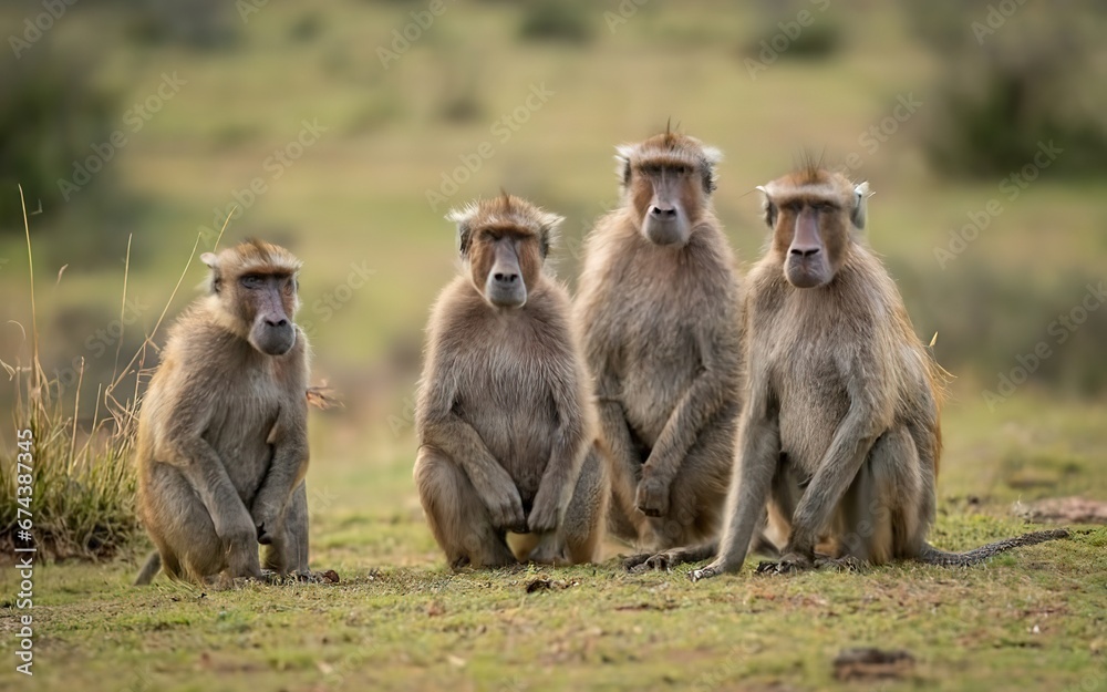 comical antics of a troop of baboons, as they forage for food and engage in playful social interactions on the rugged terrain comical antics of a troop of baboons, as they forage for food and engage in playful social interactions on the rugged terrain