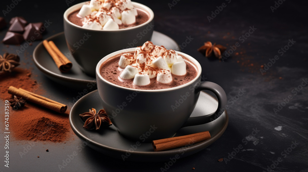 Two cups of hot chocolate with marshmallows Two cups of hot chocolate with marshmallows