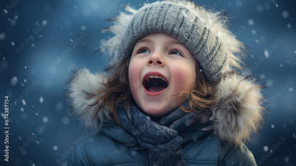 A joyful kid in a warm hat, playfully catching snowflakes on his tongue on a snowy day A joyful kid in a warm hat, playfully catching snowflakes on his tongue on a snowy day