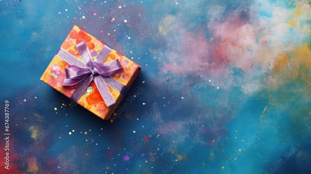 Top view of Happy New Year gift box on colorful watercolor background Top view of Happy New Year gift box on colorful watercolor background