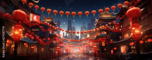 Aigenerated Scene Of Chinese New Year Celebration In Chinatown, Complete With Dragon And Red Lanterns Space For Text. Сoncept Chinese New Year In Chinatown, Dragon Dance, Red Lanterns