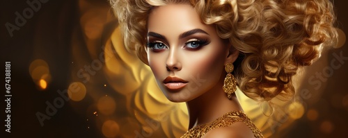 Stunning Golden Woman With Makeup, Hair, And Jewelry Space For Text. Сoncept Dramatic Evening Makeup, Elegant Hairstyles, Statement Jewelry, Glamorous Golden Touch, Captivating Beauty