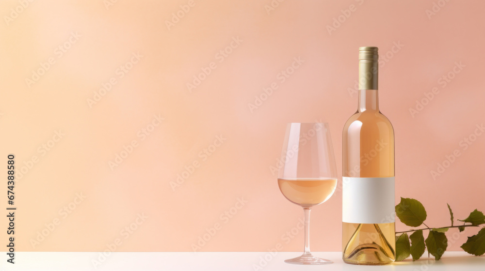 White wine bottle with a glass on a pastel muted background - obrazy, fototapety, plakaty 