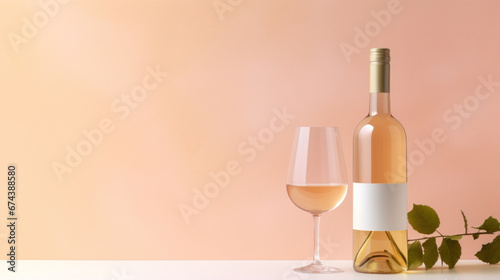 White wine bottle with a glass on a pastel muted background