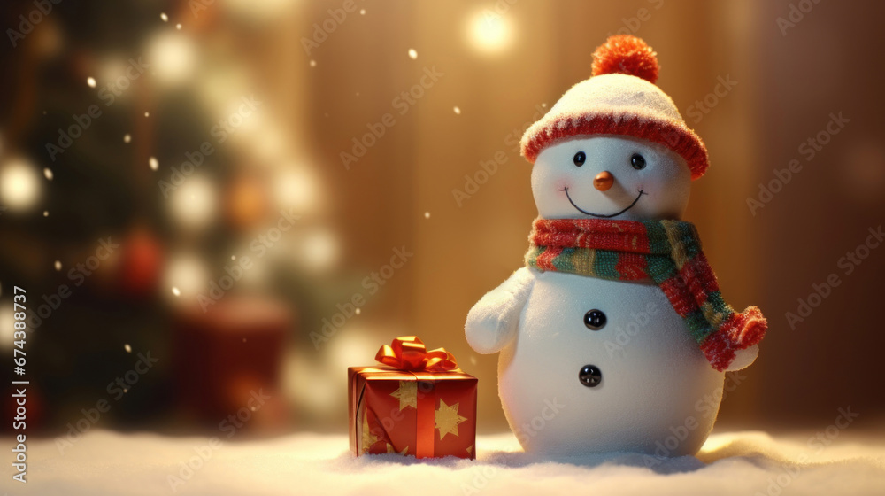 Cute snowman doll with xmas tree and gift box on Christmas blurred background Cute snowman doll with xmas tree and gift box on Christmas blurred background
