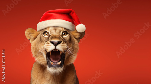 Lion with Santa hat on red background © tashechka