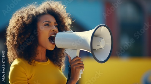 Courageous African American Woman Using a Megaphone to Advocate for Change and Equality Outdoors