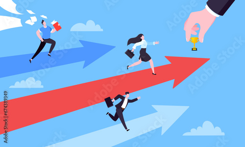 Business career competition with man and woman business persons running flat style design vector illustration concept. Leadership race employee competition with achieving success award.