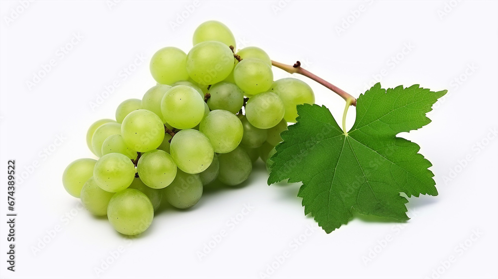 Grapes isolated on white background Green grapes with grape leaves, young shoots. Grapes isolated on white background Green grapes with grape leaves, young shoots.
