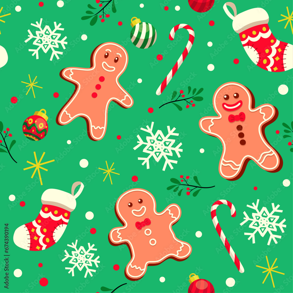 Naklejka premium Christmas Seamless Pattern with Gingerbreads and other Symbol