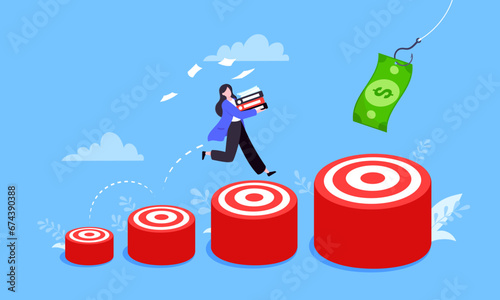 Businesswoman runs and jumps from small target goal to reach bigger target goal achievement flat style design vector illustration. Career growth and ladder of success path objective business concept.