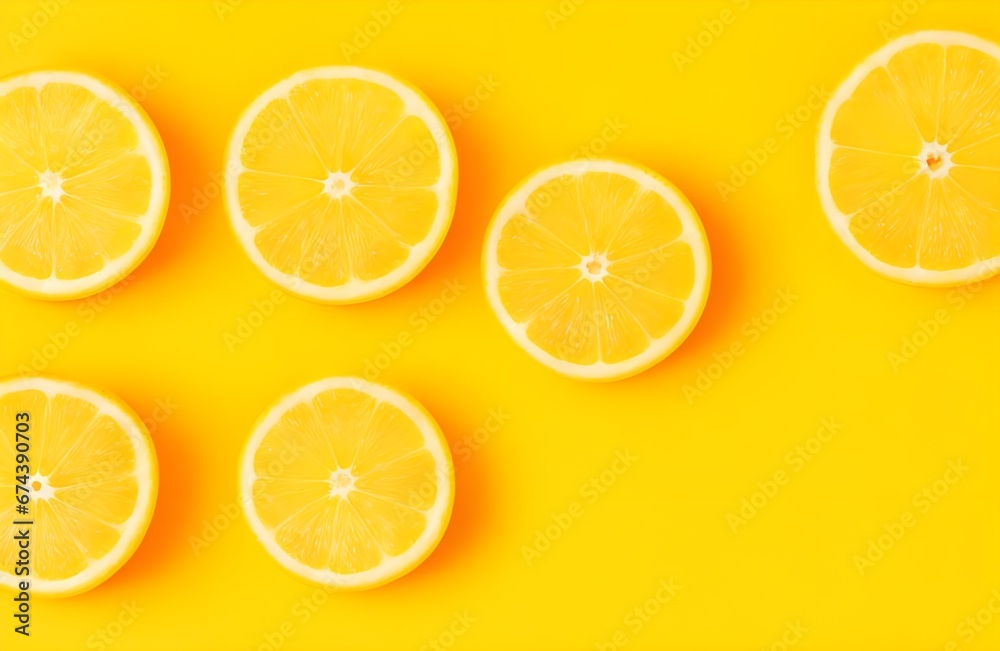 Orange slices on yellow ground background, empty space for text