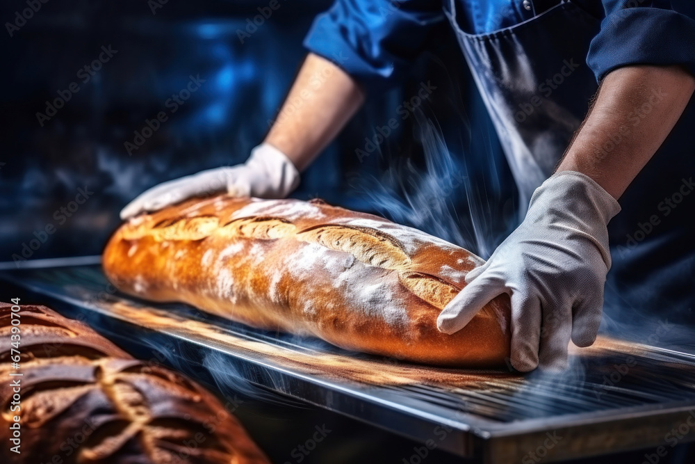 A worker at a bakery takes fresh bread out of the oven. Industrial production.