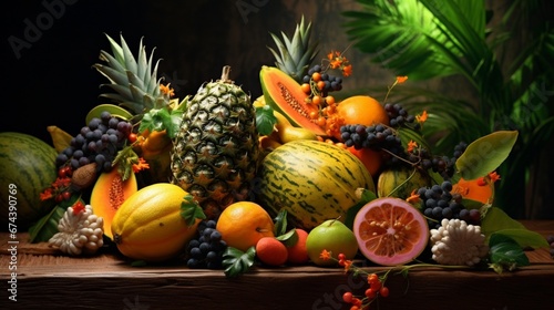 A Horned Melon in a still life composition with other exotic fruits, evoking a sense of tropical paradise.