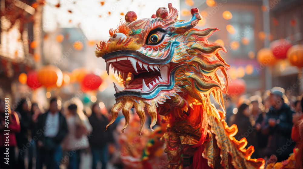 chinese new year, street festival, red dragon, life-size puppet, traditions, mythical animal, theater, performance, China, show, carnival, legend, symbol, Christmas, city, scary, eyes, face, teeth