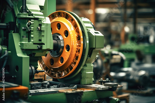 Photo of a detailed view of industrial machinery in a manufacturing plant. Modern metal processing at an industrial enterprise. Manufacturing of high-precision parts and mechanisms.