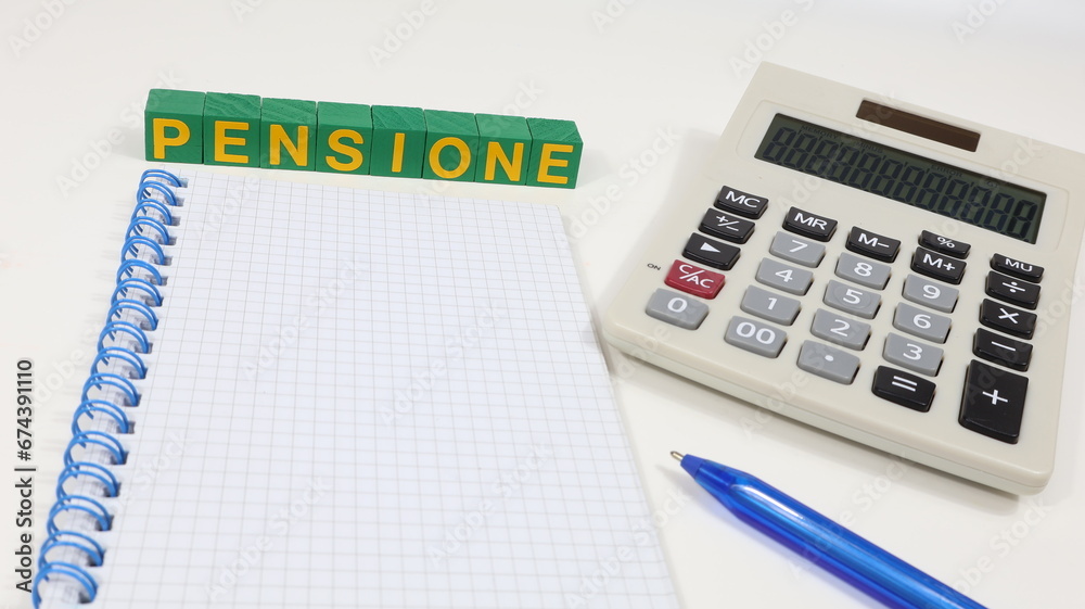 Single Word PENSIONE On Wooden Block. Taxes on the concept, Italian government reform. Notebook on the table. Single Word PENSIONE On Wooden Block. Taxes on the concept, Italian government reform. Notebook on the table.
