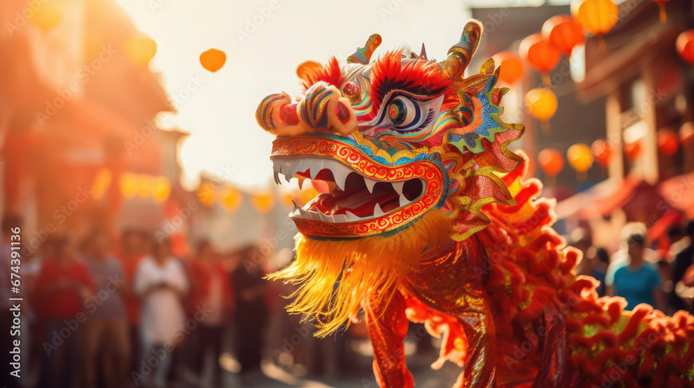 chinese new year, street festival, red dragon, life-size puppet, traditions, mythical animal, theater, performance, China, show, carnival, legend, symbol, Christmas, city, scary, eyes, face, teeth