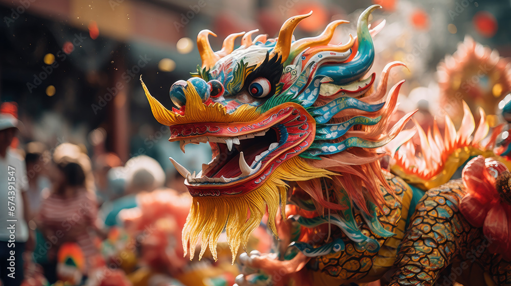 chinese new year, street festival, red dragon, life-size puppet, traditions, mythical animal, theater, performance, China, show, carnival, legend, symbol, Christmas, city, scary, eyes, face, teeth